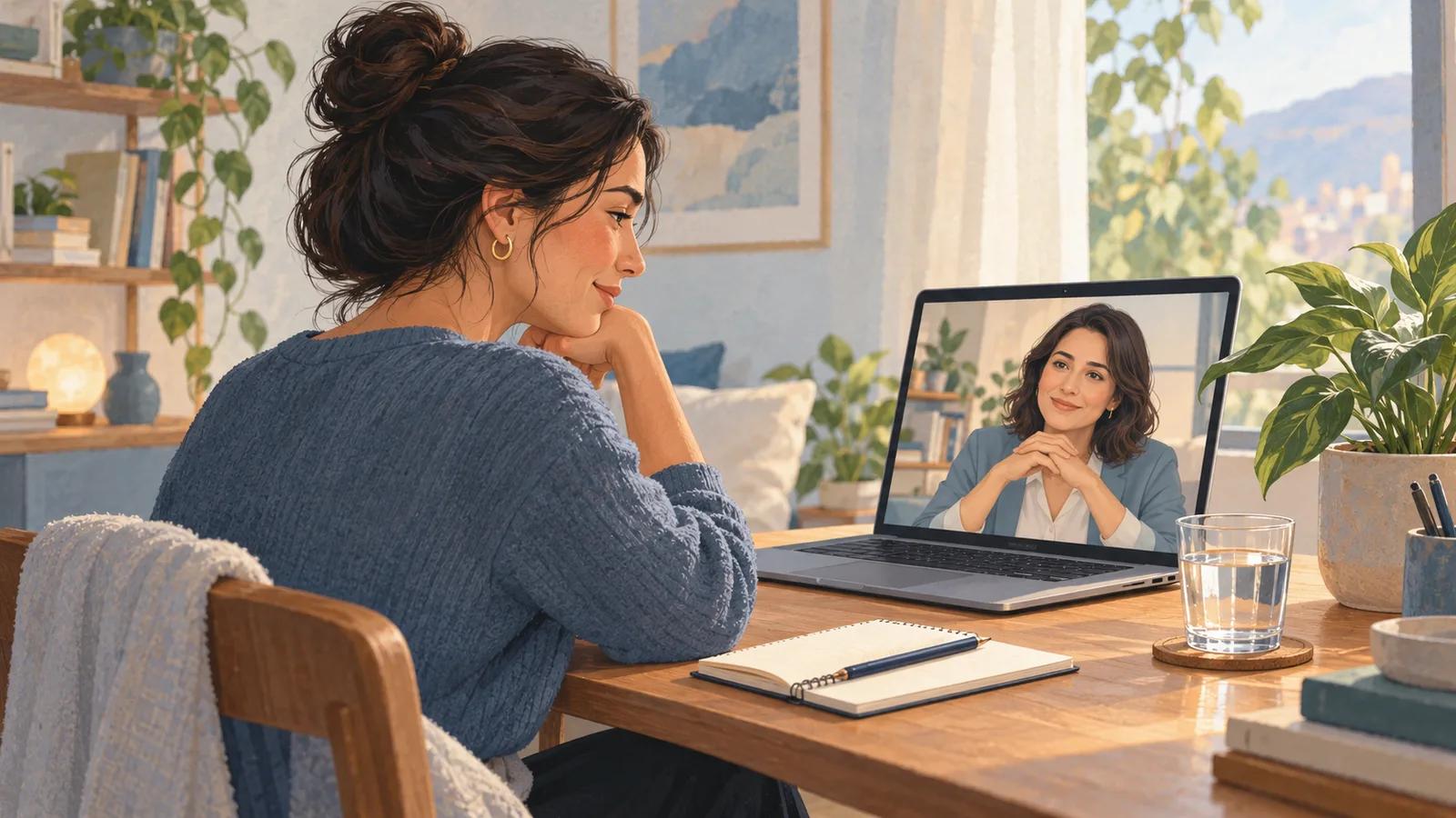 Ilustración de una mujer conversando por videollamada con una psicóloga en una sesión individual.