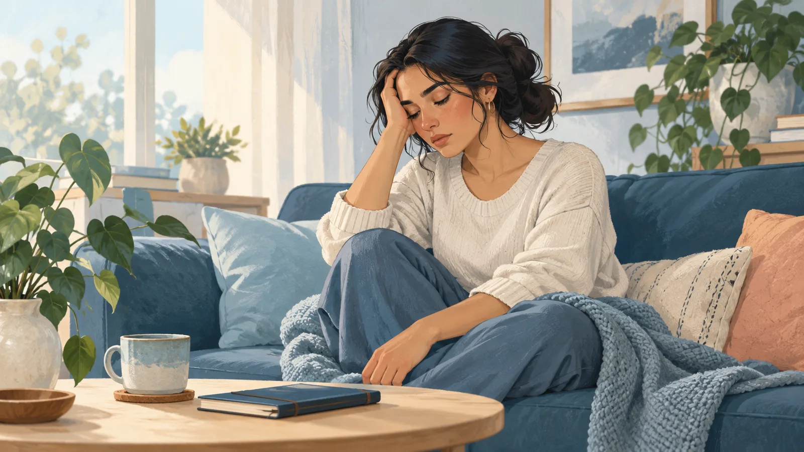 Ilustración de una mujer que hace una pausa en un sofá al sentirse emocionalmente cansada.
