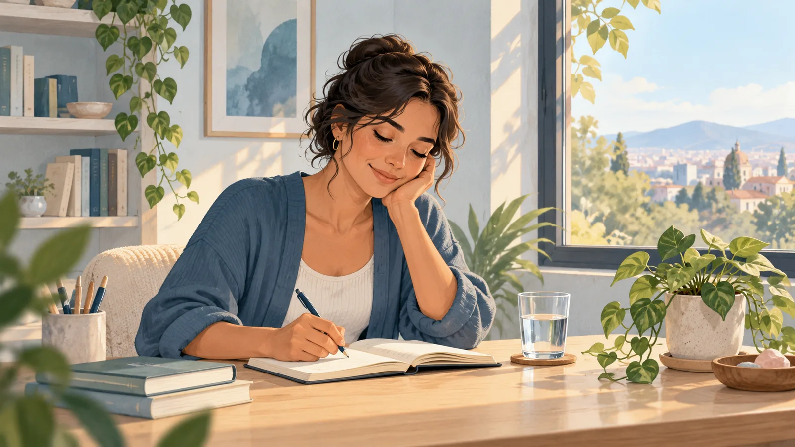 Ilustración de una mujer escribiendo en un diario junto a una ventana, como práctica de autocuidado emocional.