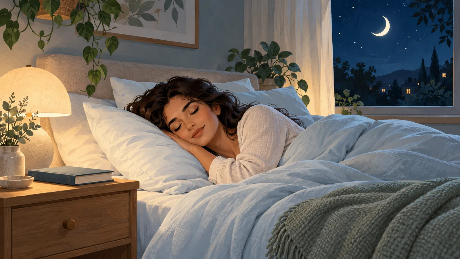 Ilustración de una mujer descansando en un dormitorio tranquilo, con luz tenue y cielo nocturno.